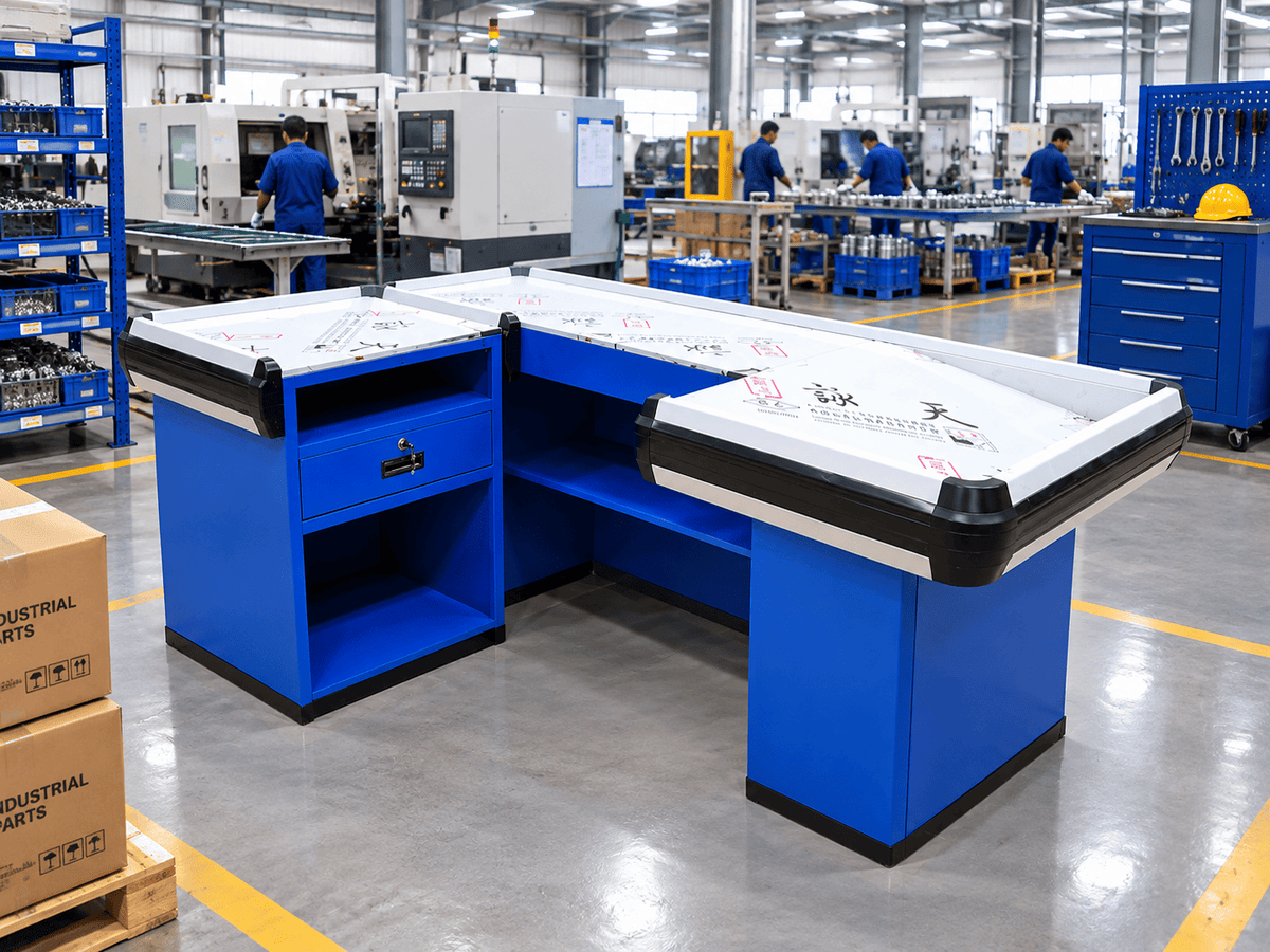 Blue cash counter with a lockable drawer and open shelves standing in a factory with workers and machines in the background.