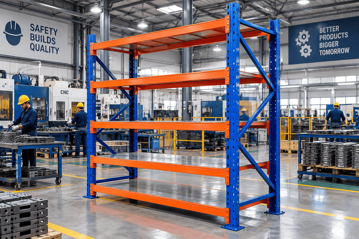 Blue and orange heavy duty warehouse rack in a factory with workers and machinery in the background.