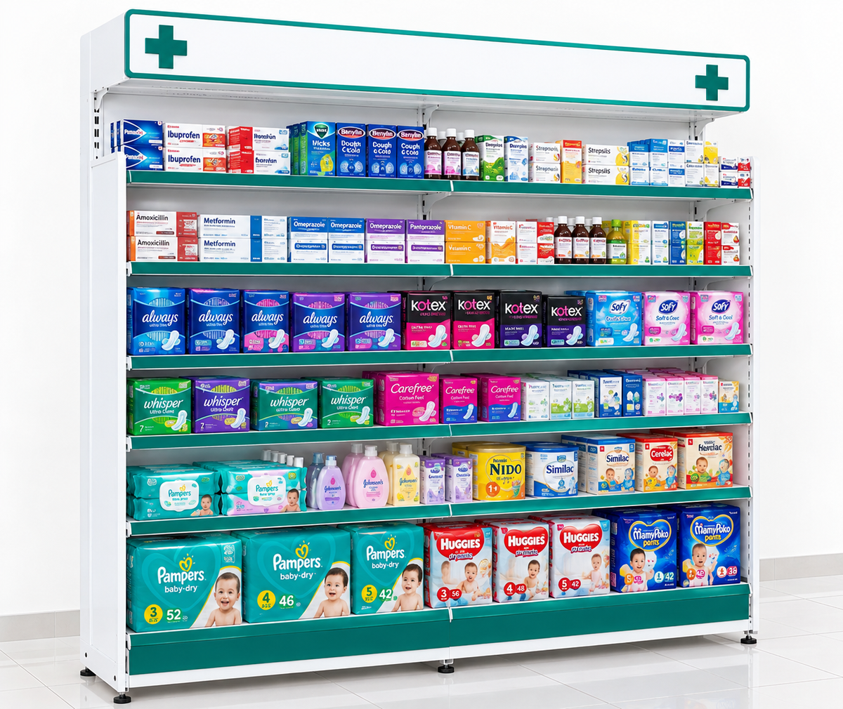White and teal medicine display shelf stocked with medicines, diapers, and baby care products.