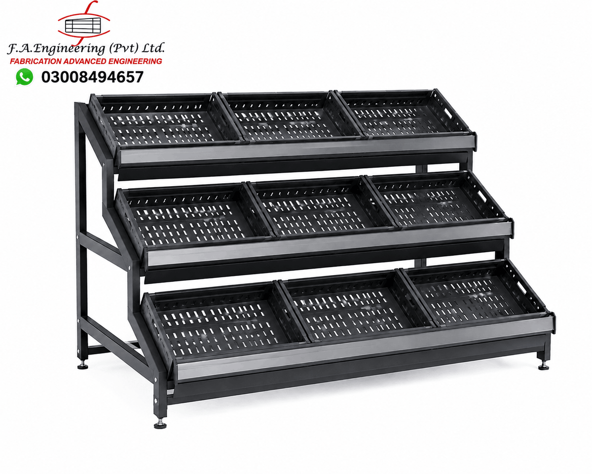 A three-tier black metal retail display rack with slanted baskets, shown on a plain white background with a F.A.