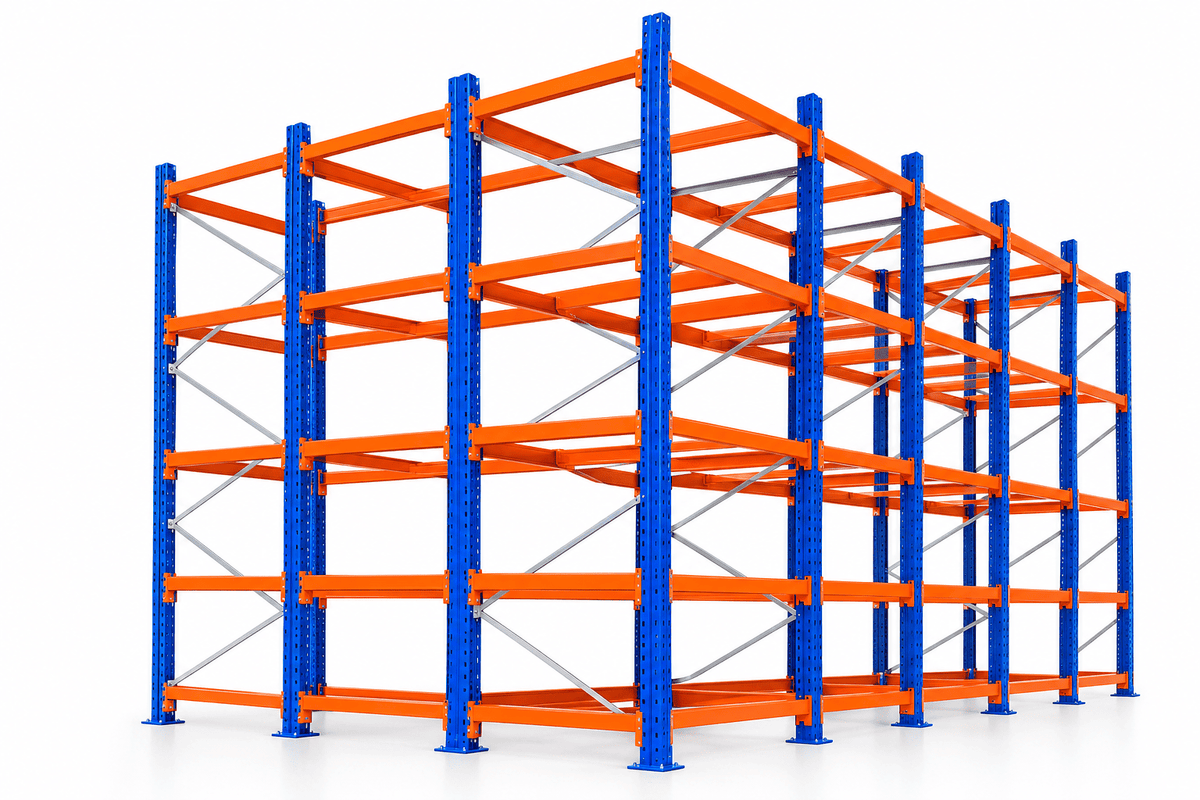 Blue and orange drive-in pallet racking system with multiple storage lanes against a plain white background.