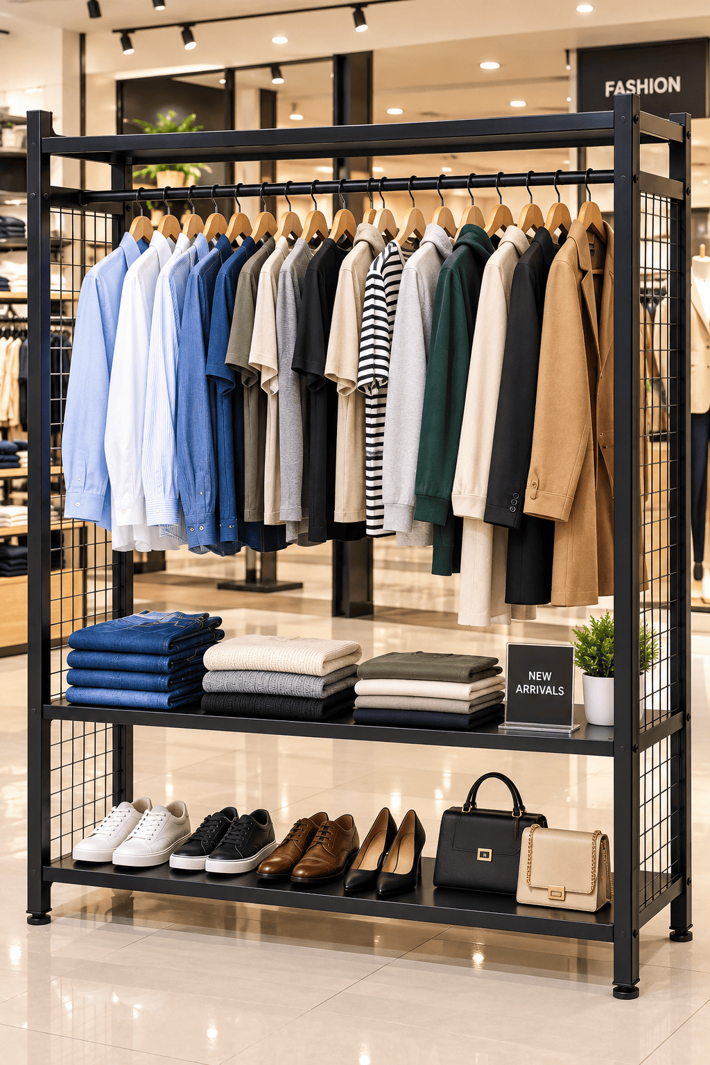 Black garment display rack with hanging clothes, folded items, and shoes in a retail fashion store.