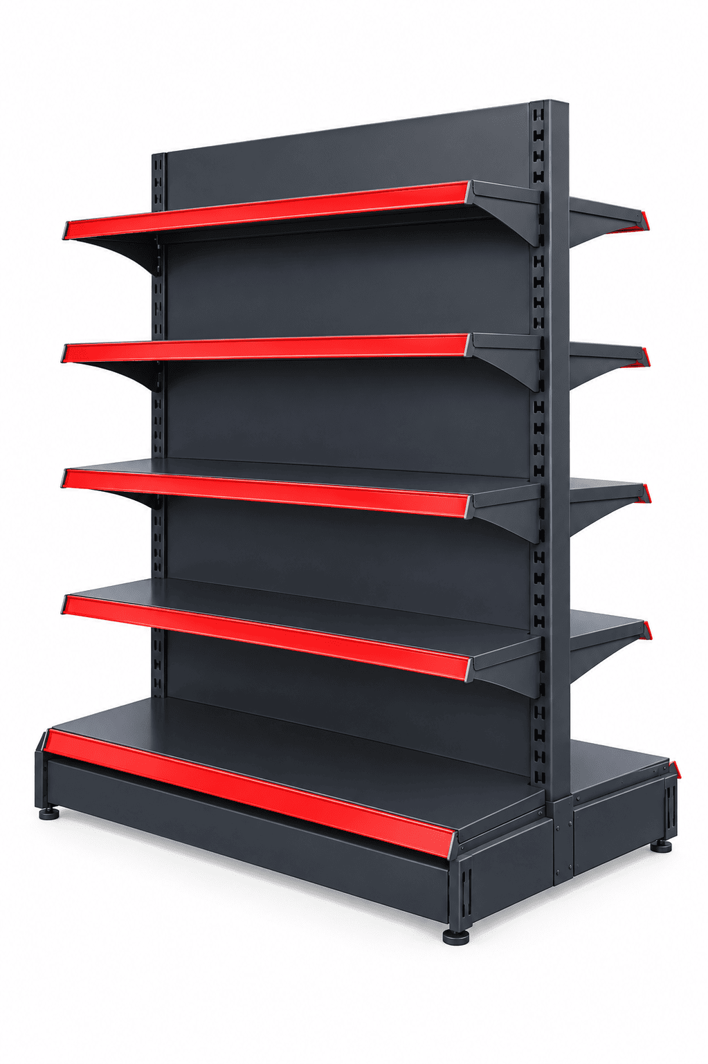 A 5-tier retail display shelving unit with a dark gray/black metal frame and bright red accent strips along the top edges of each shelf, shown on a solid white background.