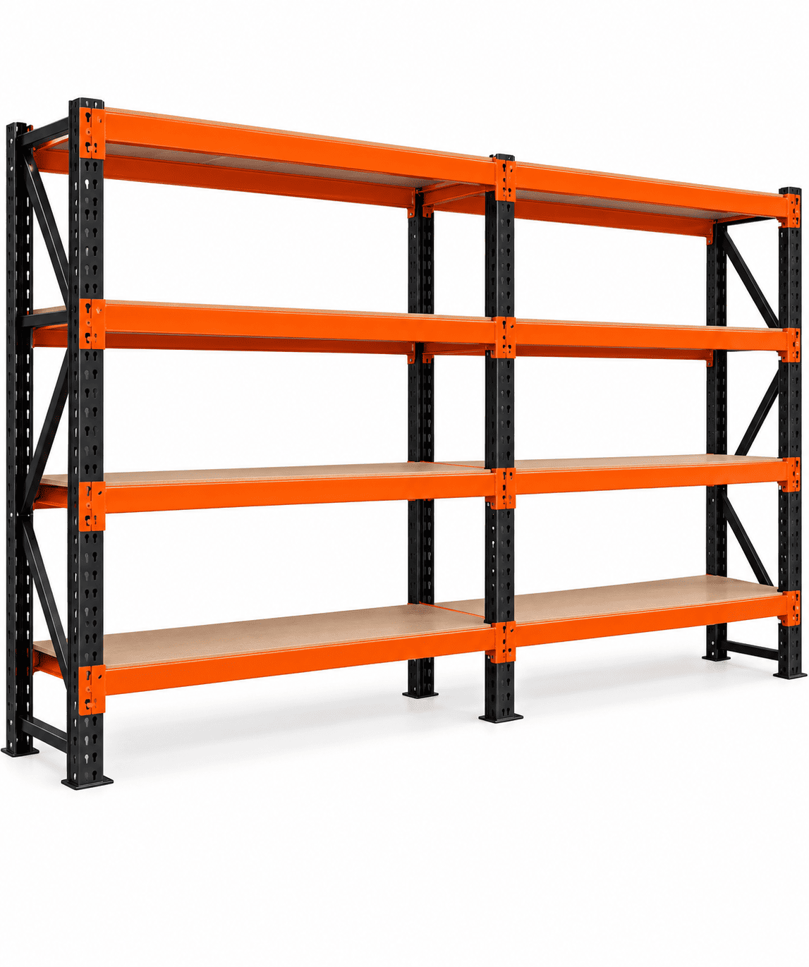 Black and orange heavy duty material storage rack with wooden shelf boards against a plain white background.