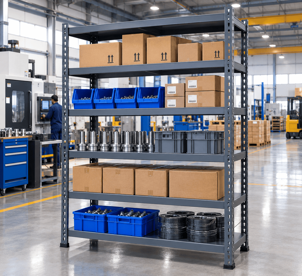 A tall gray metal industrial shelving unit with five shelves, filled with cardboard boxes, blue plastic bins, and cylindrical parts, set in a bright, modern factory warehouse.