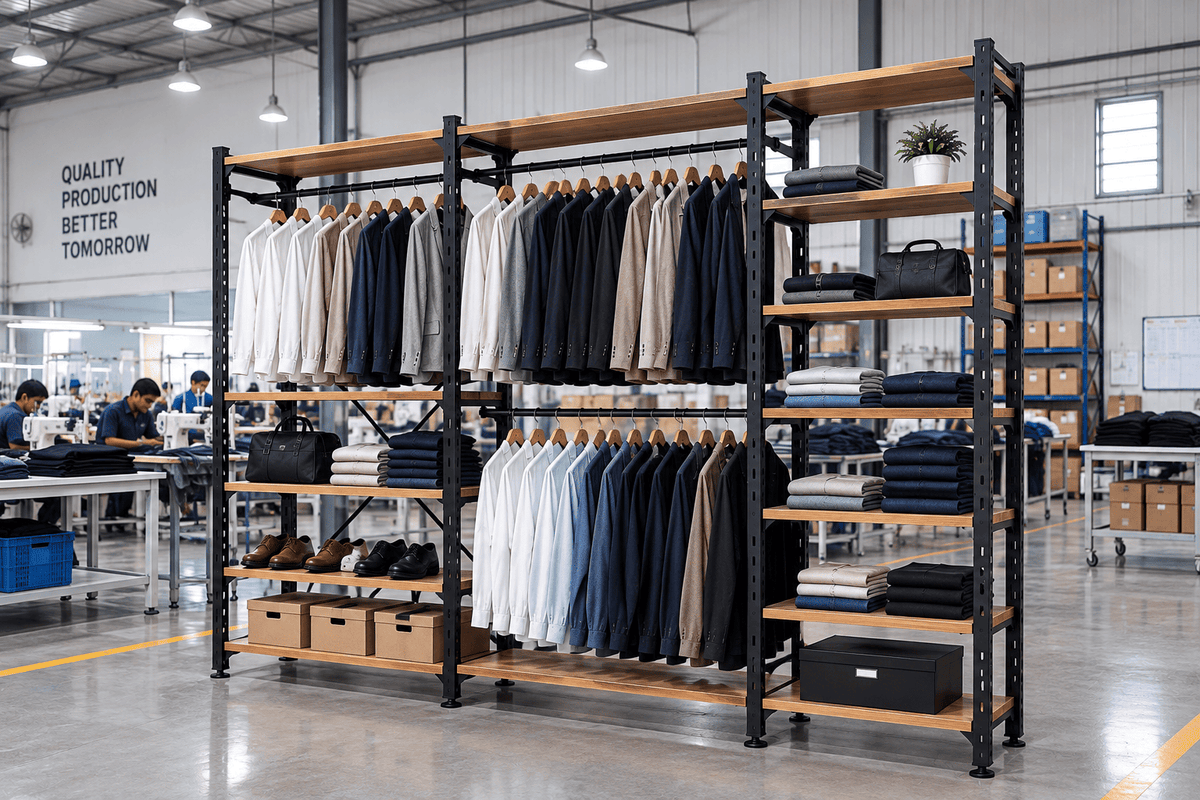 A large black metal clothing rack with wooden shelves stands in a bright warehouse or factory setting. The rack is styled with multiple racks of folded and hanging apparel in neutral tones like navy, beige, white, and black.