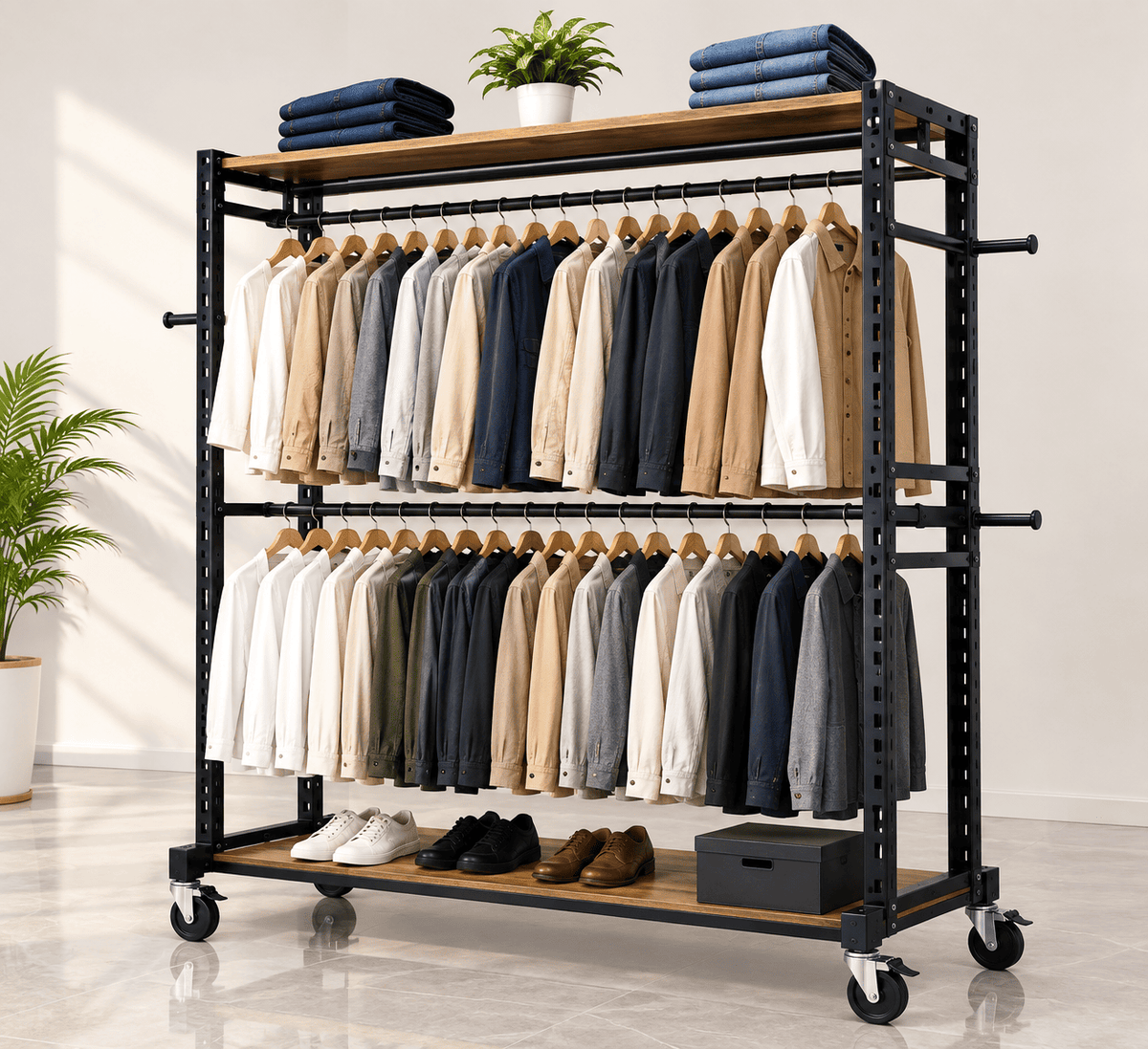 Black double sided garment rack with wooden shelves, hanging clothes on both sides, and folded items and shoes on the shelves