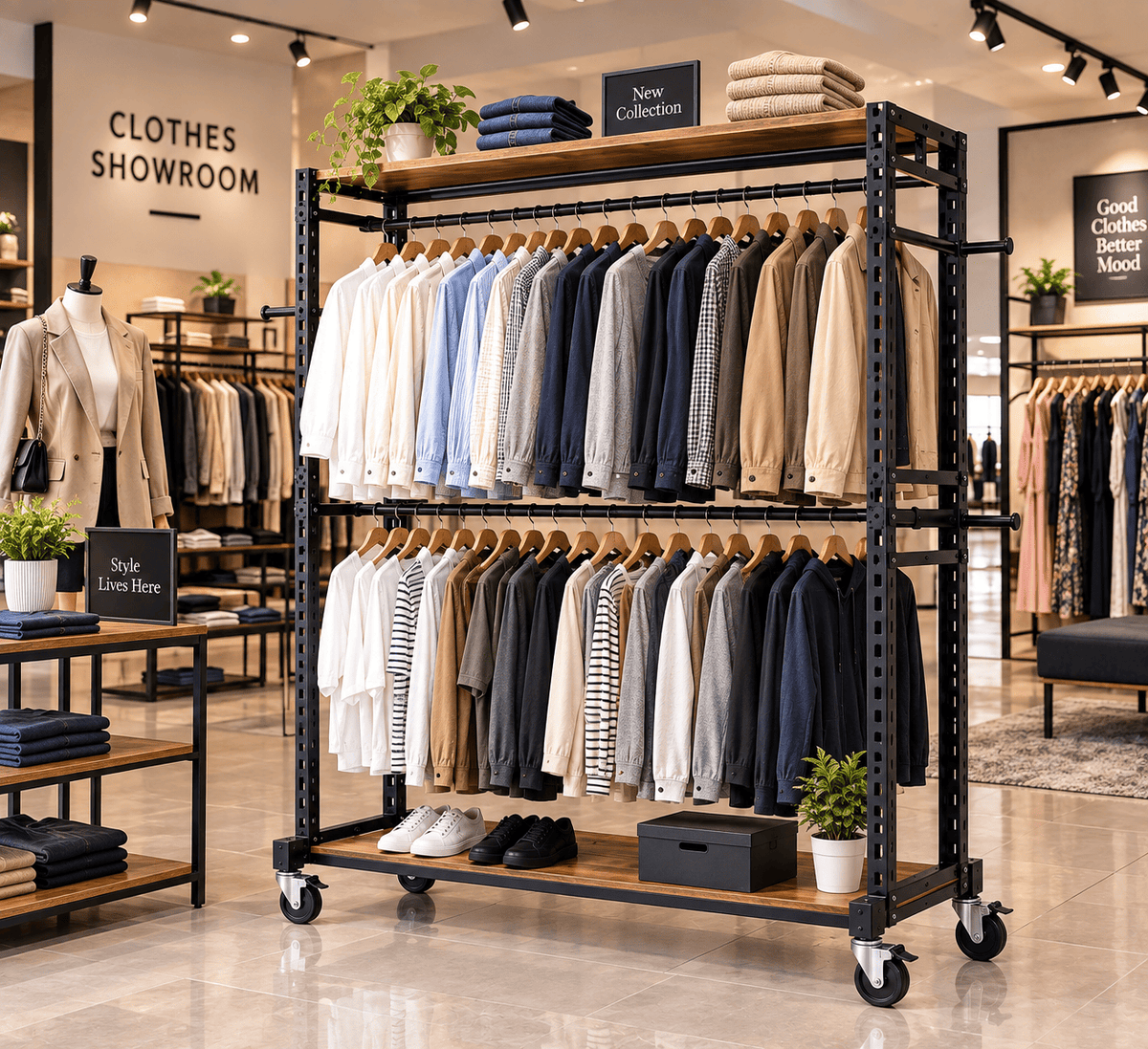 Black double sided garment rack with hanging clothes in a clothes showroom display