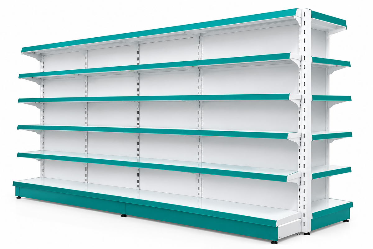 Empty white and teal double-sided pharmacy shelving racks with five shelves per side against a plain white background.