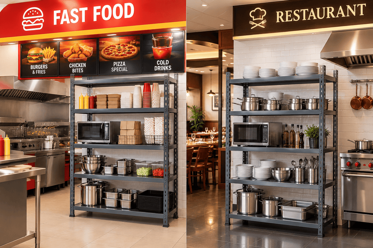 Two industrial gray metal kitchen shelving units in a restaurant kitchen setting, stocked with cookware, bowls, and containers, with restaurant signage visible in the background.