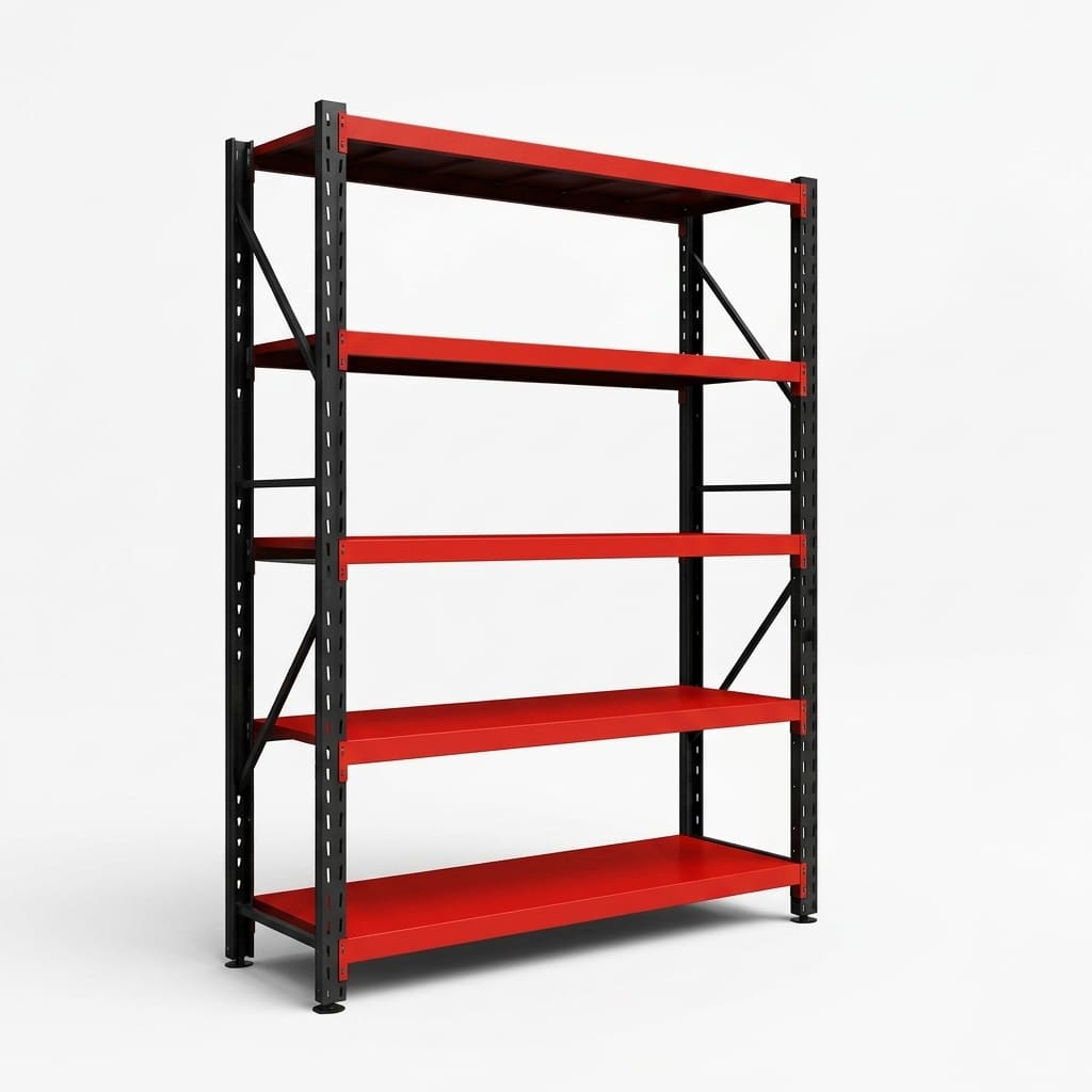 A five-tier industrial warehouse shelving unit with red metal shelves and a black steel frame, shown on a light gray background.
