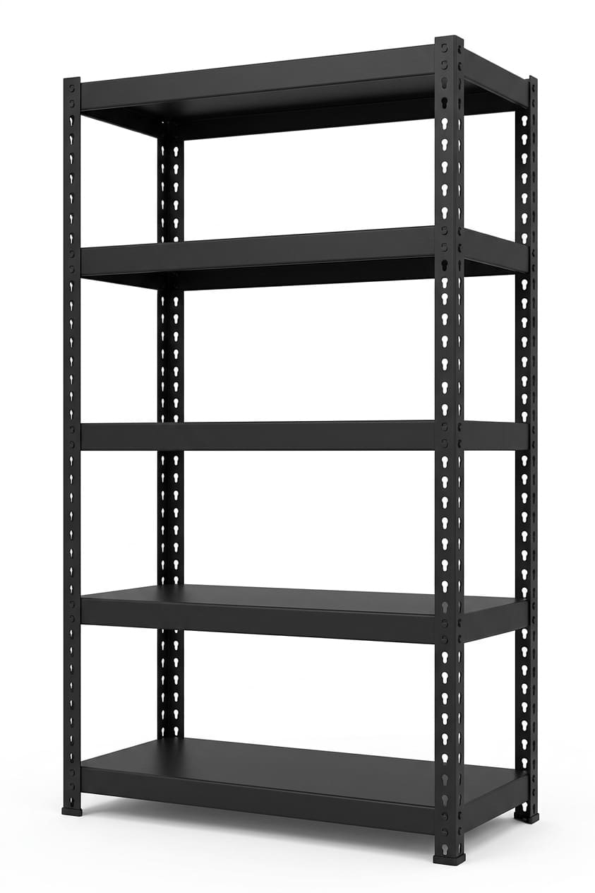 A five-tier black metal storage shelf with adjustable peg-hole side rails, shown on a solid white background.