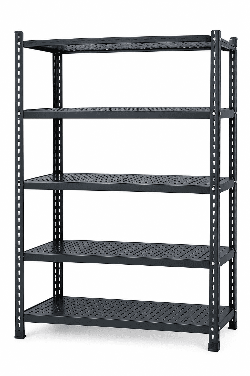 Black 5-tier kitchen shelf rack with perforated metal shelves against a plain white background.