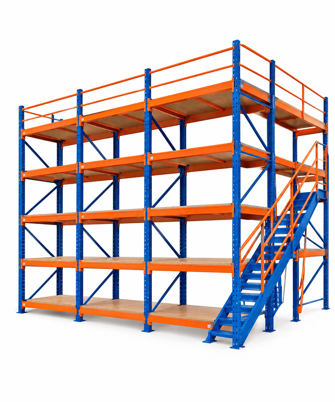 Blue and orange multi-tier pallet racks with five levels, steel shelf boards, orange safety railings, and a staircase against a plain white background