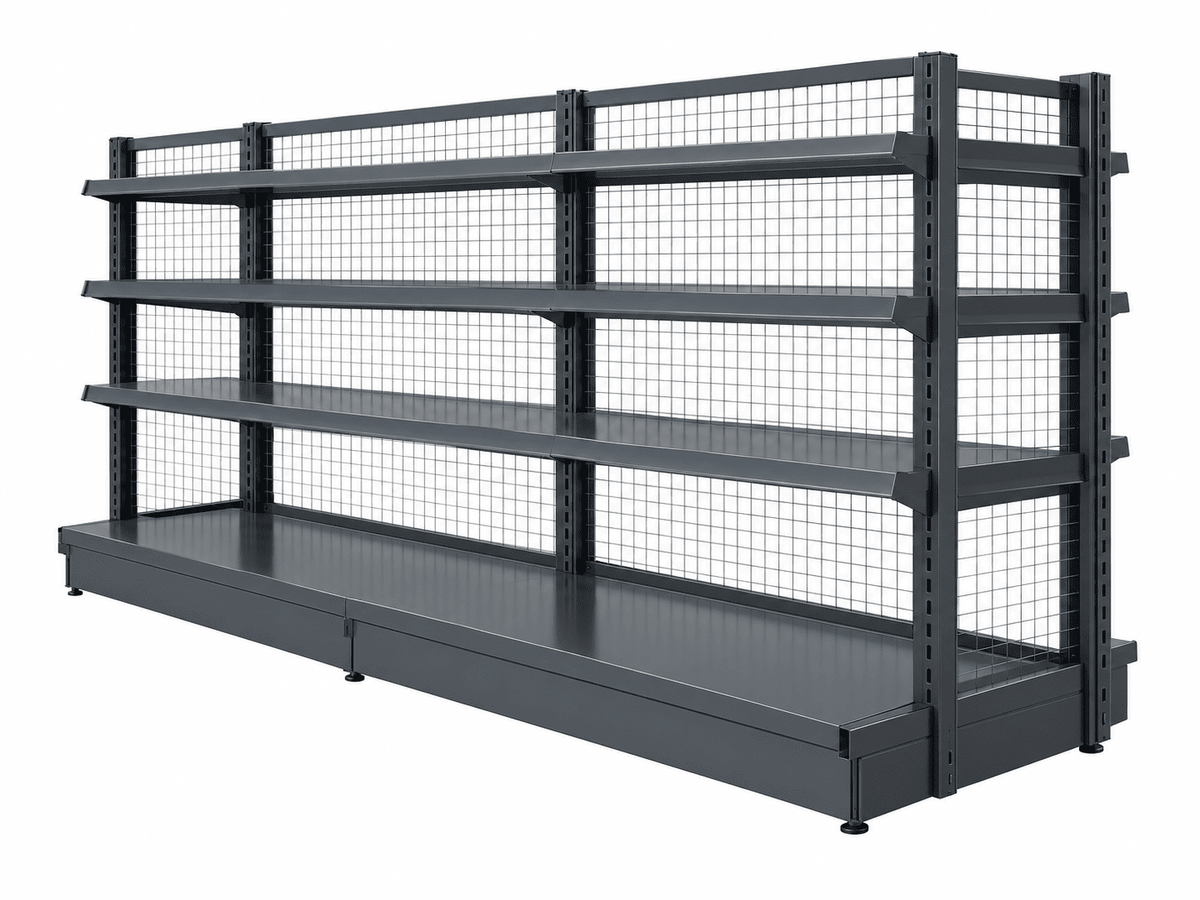 A four-tier industrial metal shelving unit with wire mesh panels and a solid base, shown on a plain white background.