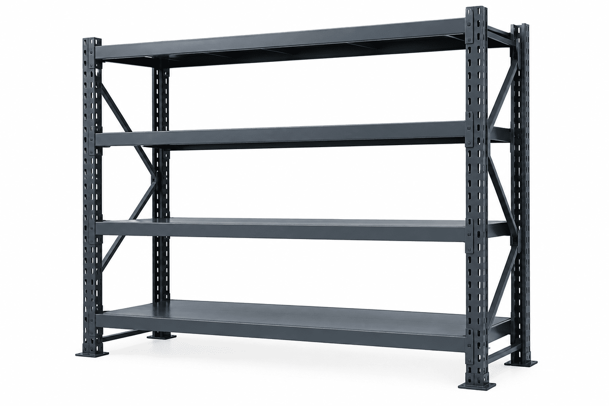 Gray heavy duty store rack with four steel shelves and cross bracing against a plain white background.
