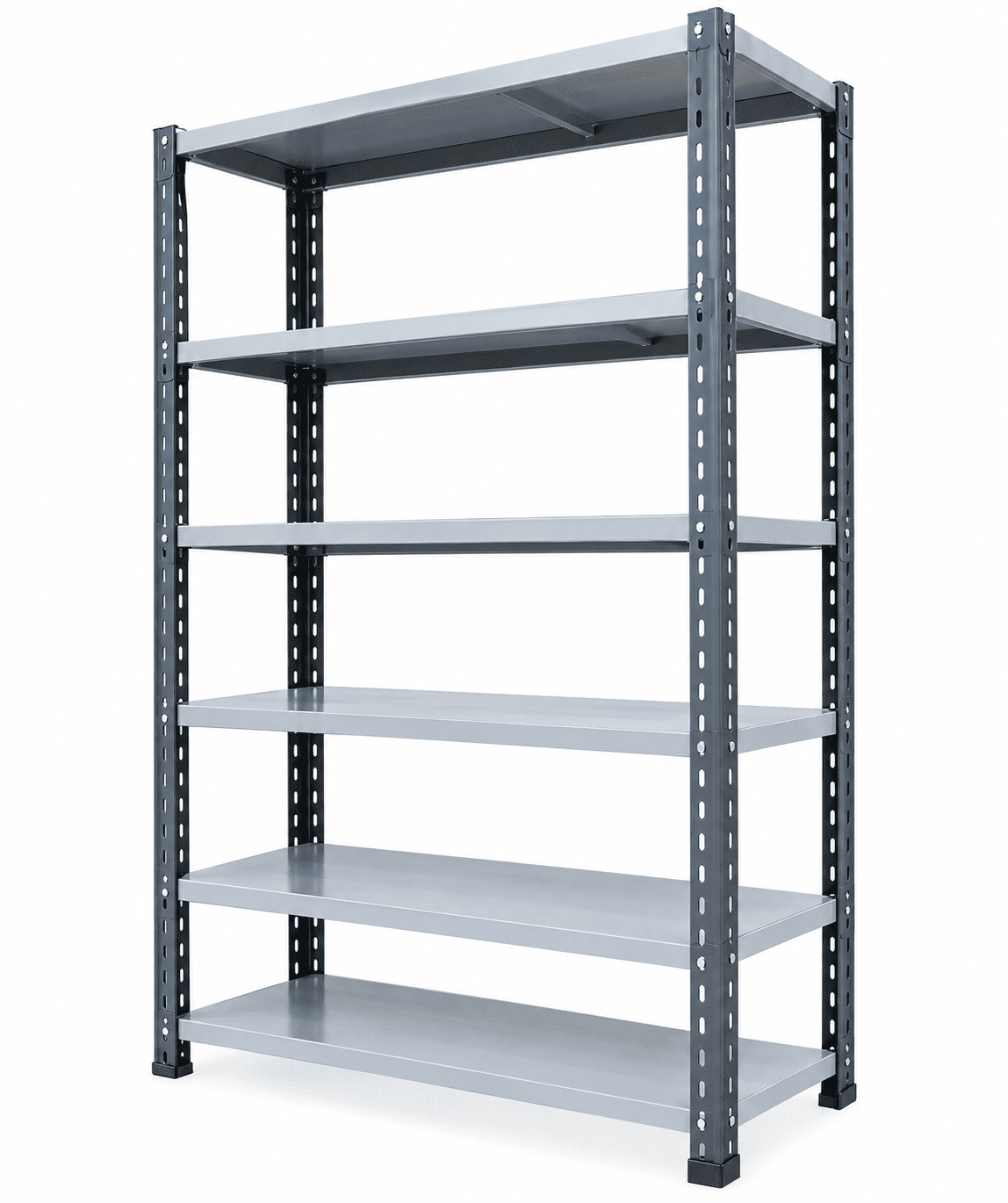 Gray and dark steel office storage rack with six empty shelves against a plain white background.