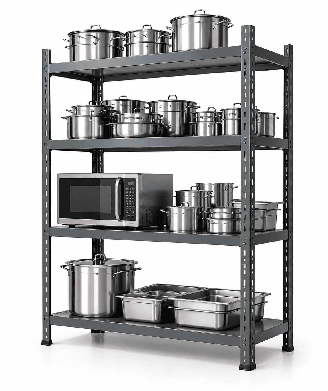 A 5-tier dark gray metal storage rack shown against a white background, filled with stainless steel pots, pans, and a microwave.
