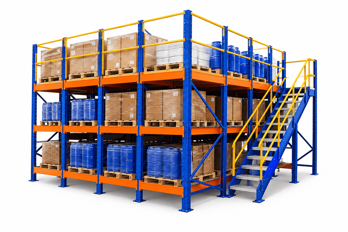 Blue and orange mezzanine pallet racks with yellow safety railings and a staircase, loaded with boxed and barreled pallets against a plain white background