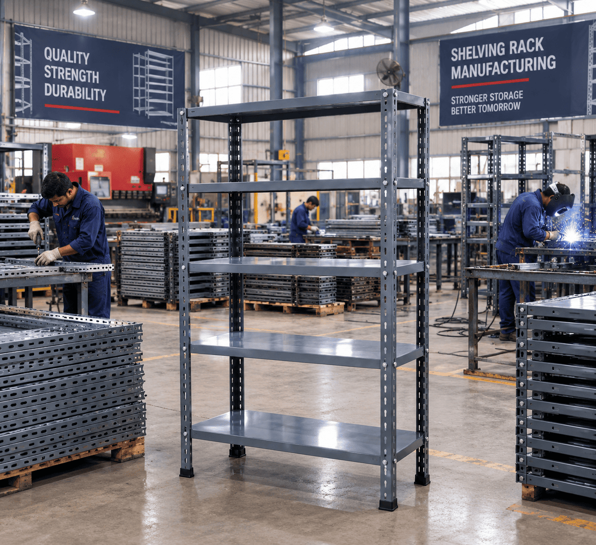 Gray office shoe rack standing in a shelving rack manufacturing factory with workers welding and assembling in the background.