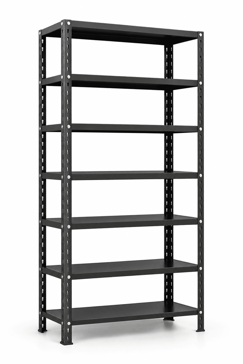 Black metal and steel shoe rack with seven shelf levels against a plain white background.