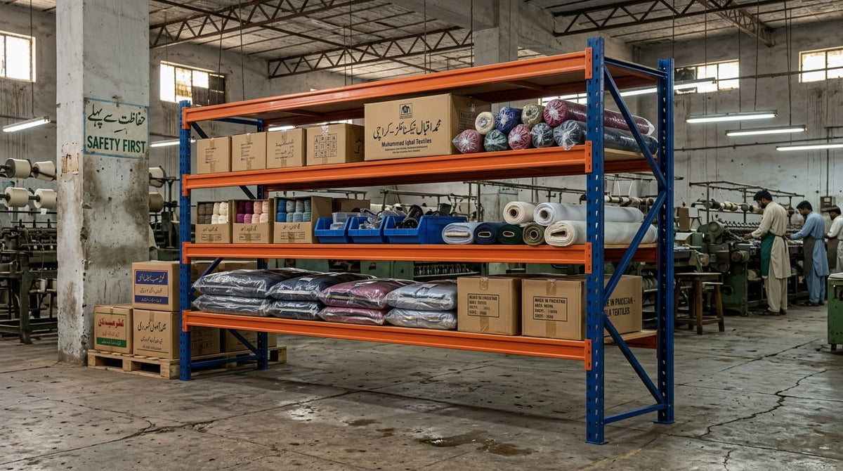 A large industrial warehouse shelving unit with orange horizontal shelves and blue vertical supports, stocked with cardboard boxes, folded textiles, and fabric rolls. A real factory environment is visible in the background, including workers, machinery, windows, and a concrete floor.