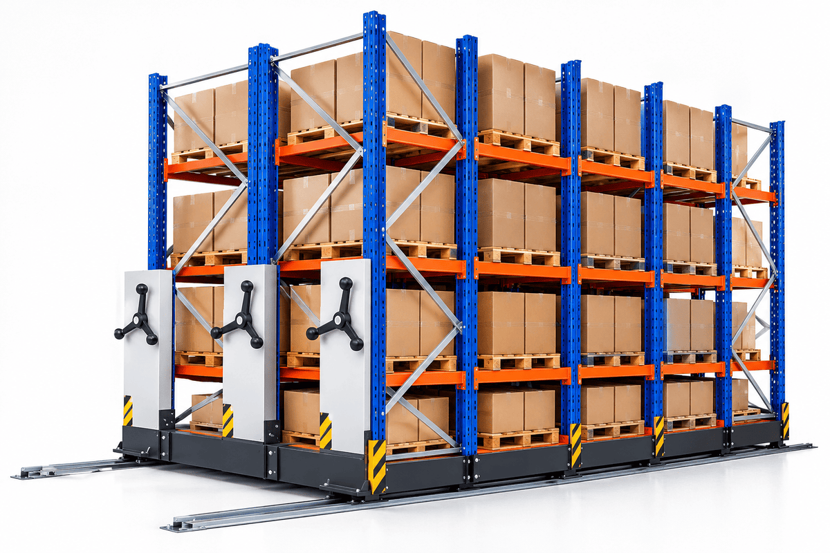 Blue and orange mobile pallet racks loaded with boxed pallets on moving bases with hand-crank wheels and floor rails