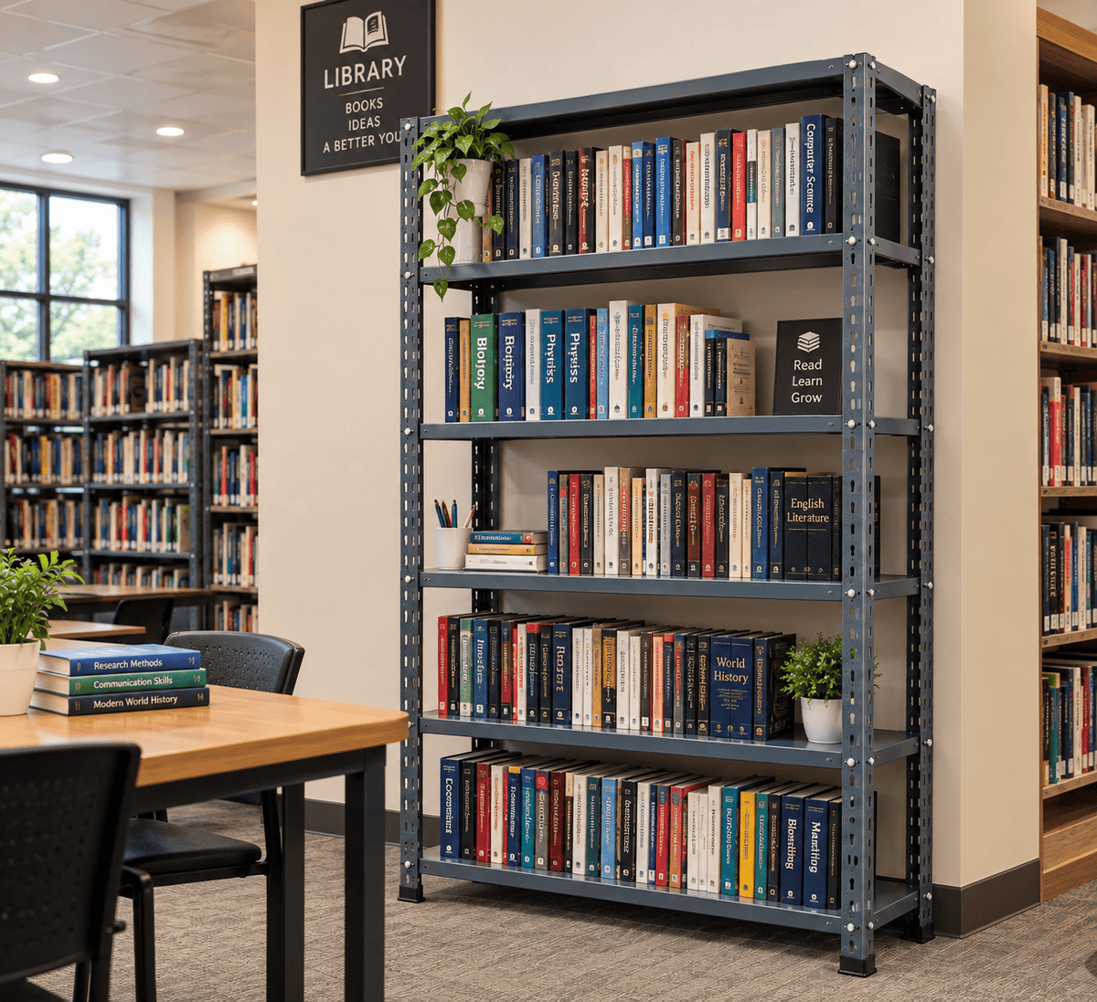 Gray office file rack holding books in a library beside a study table and chairs.