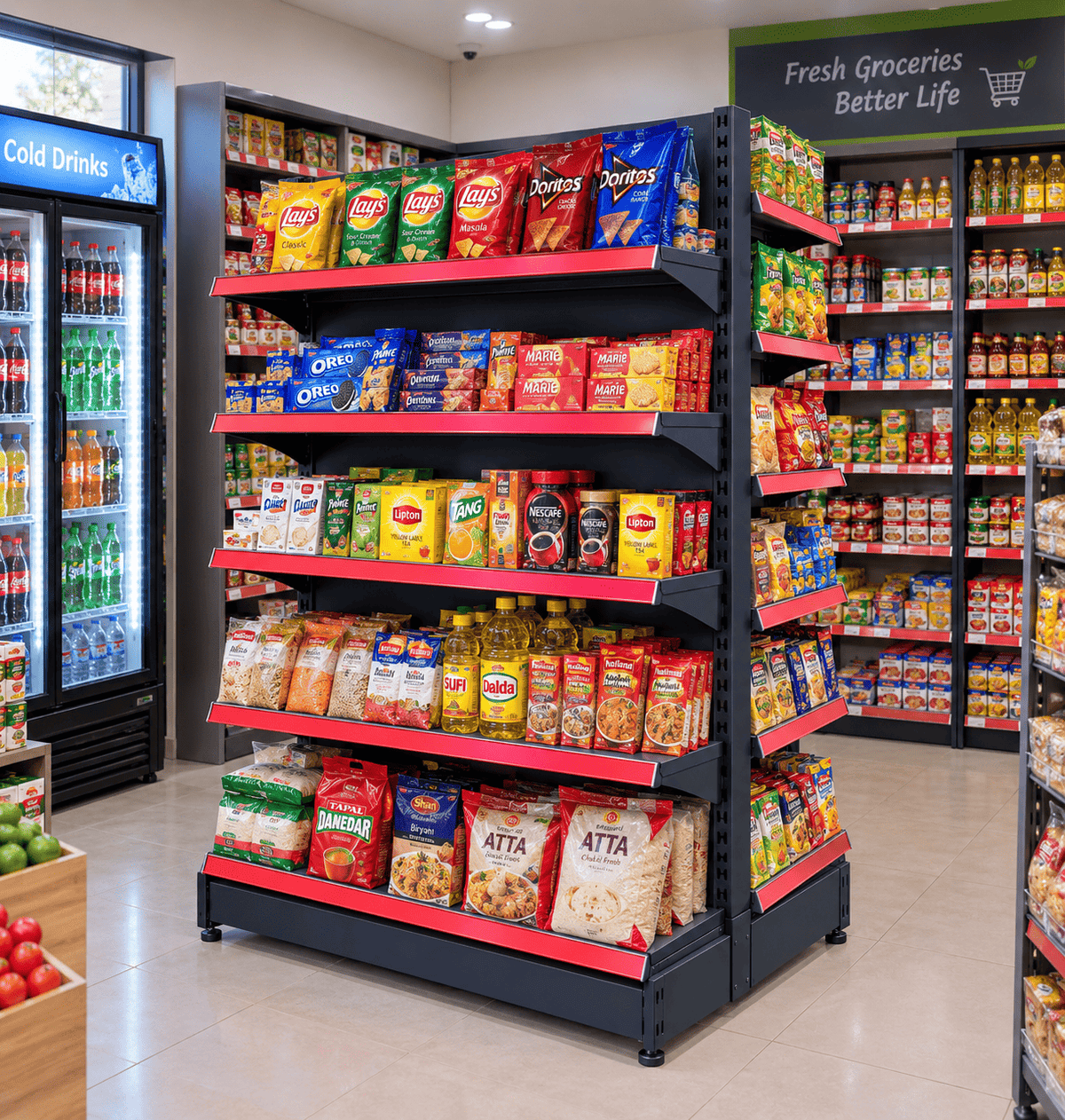 A tall black retail snack aisle shelf stocked with assorted packaged foods, chips, pasta, and beverages, situated in a well-lit grocery store aisle.