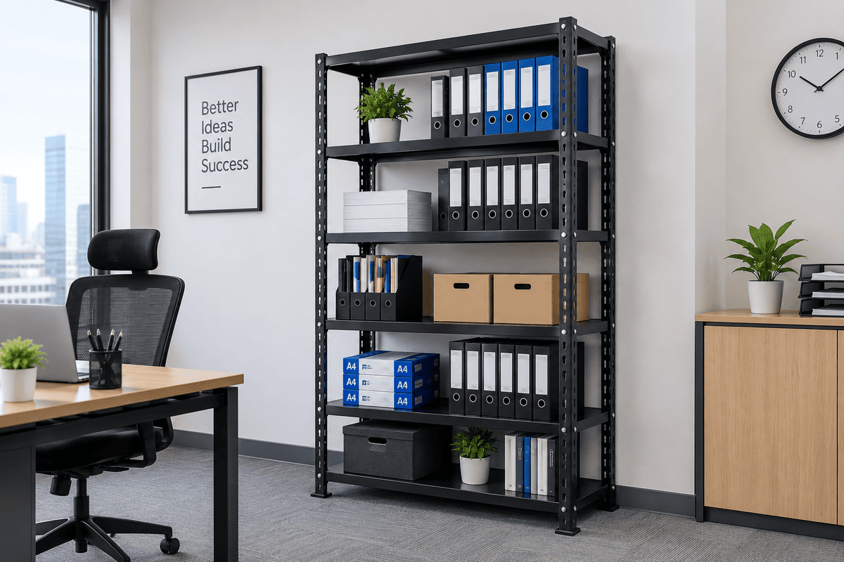 Black five-tier steel shelving unit in a modern office, holding binders, paper reams, file boxes, magazine holders, and small plants, with a desk and chair beside it.