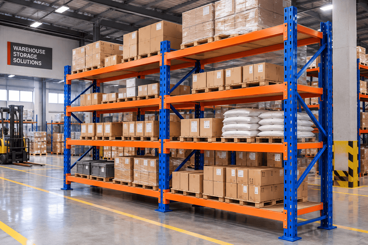 A warehouse storage rack system with bright blue uprights and orange horizontal shelves, holding stacked cardboard boxes and palletized goods in a large industrial storage facility.