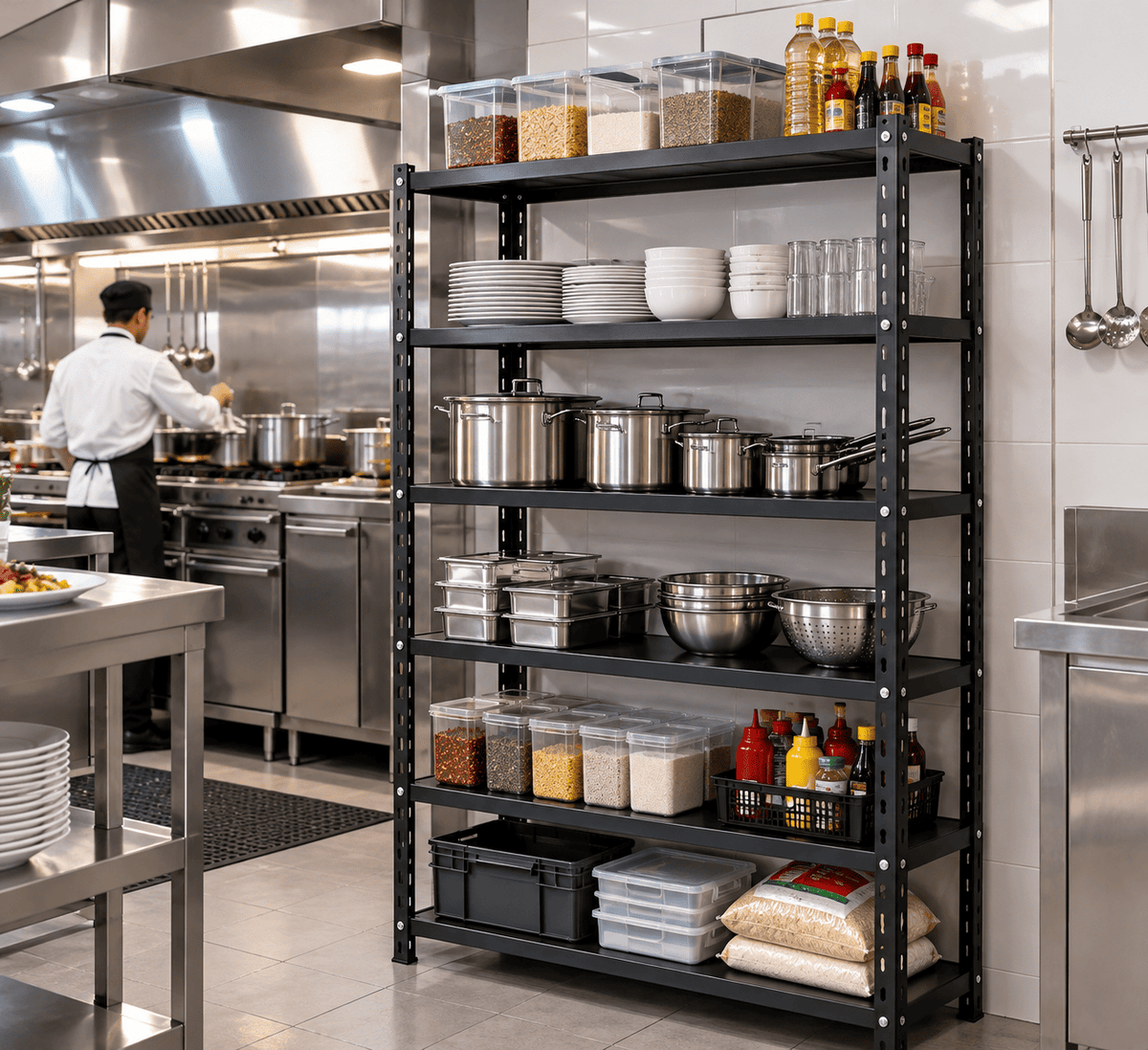 Black metal and steel kitchen rack holding cookware, dishes, and food containers in a commercial kitchen with a chef in the background.