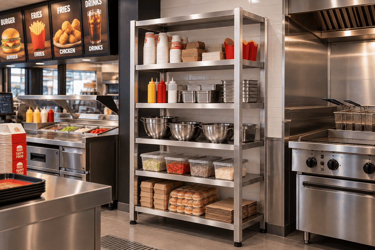 Five-tier stainless steel kitchen rack in a fast-food kitchen, holding paper cups, fry boxes, sauce bottles, steel pans, mixing bowls, food containers, burger buns, and takeaway boxes.