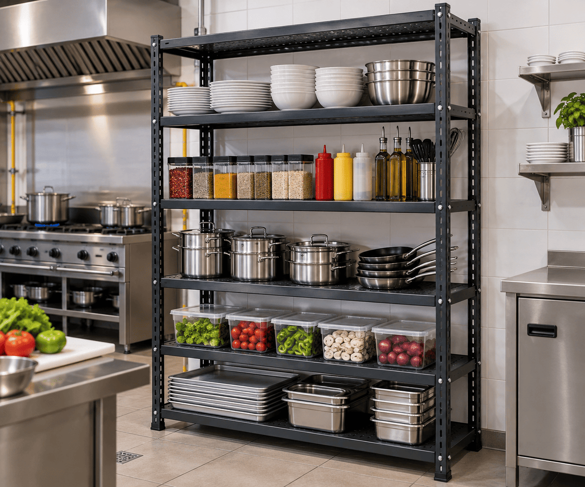 Black kitchen shelf rack holding dishes, jars, pots, and food containers in a commercial kitchen.