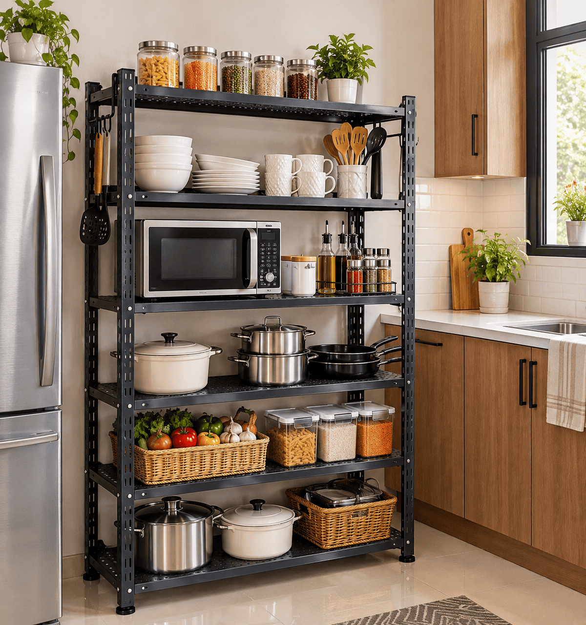 Black kitchen storage rack stocked with jars, dishes, a microwave, and cookware in a home kitchen.