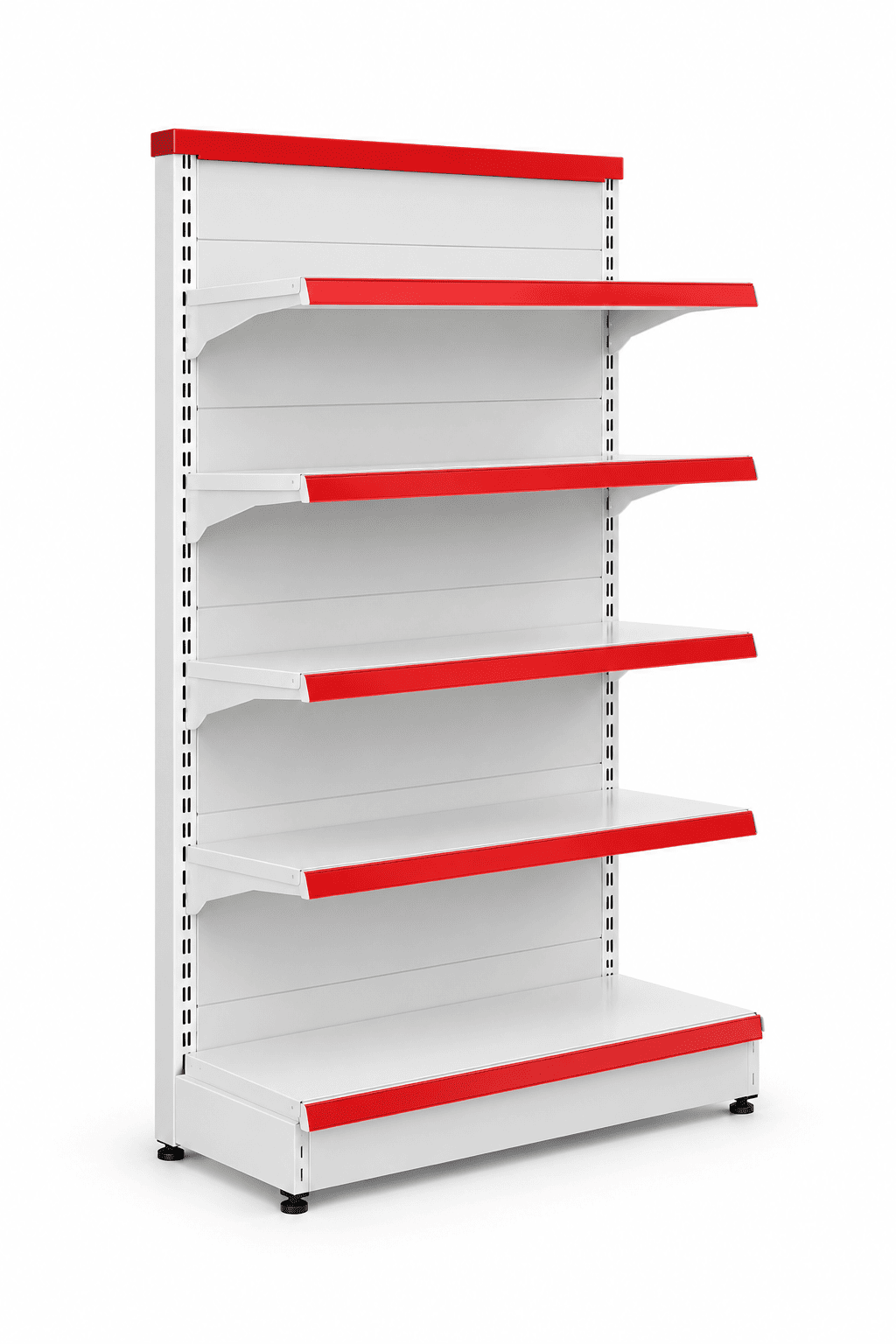 Empty white and red single sided gondola rack with five shelves and a red top panel against a plain white background.