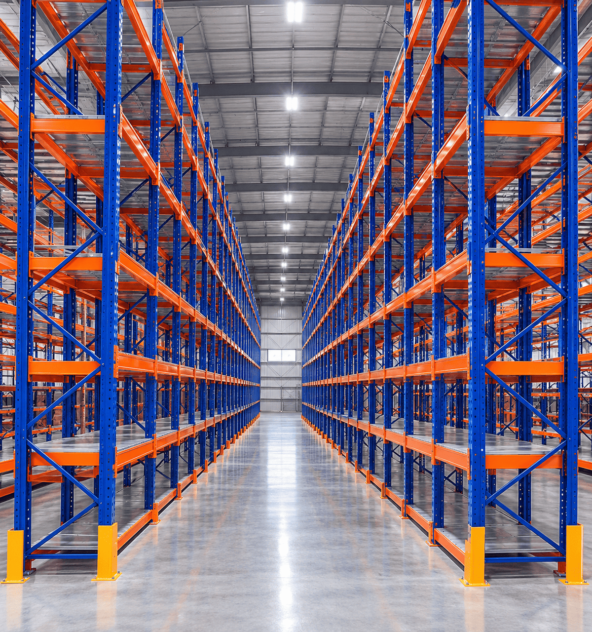 Tall blue and orange high bay pallet racks lining a long warehouse aisle with a polished concrete floor.
