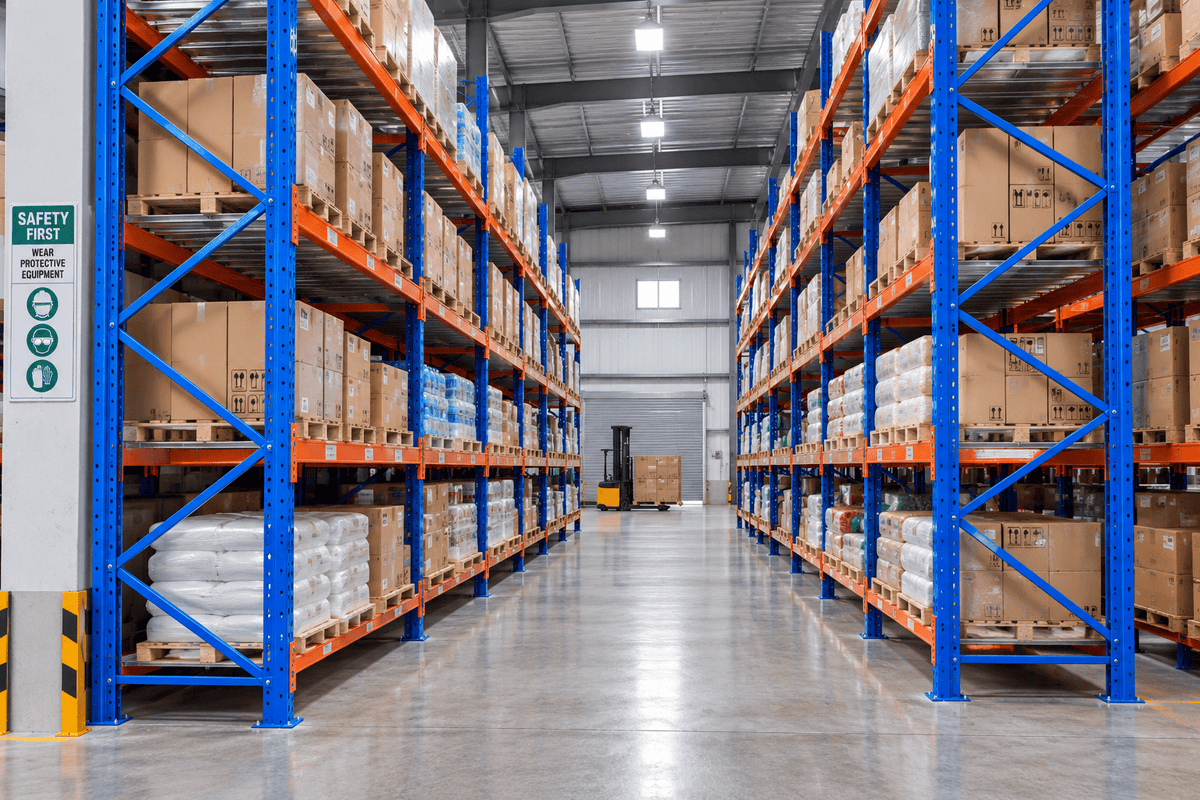 Blue and orange very narrow aisle pallet racks loaded with boxed pallets in a clean warehouse aisle.