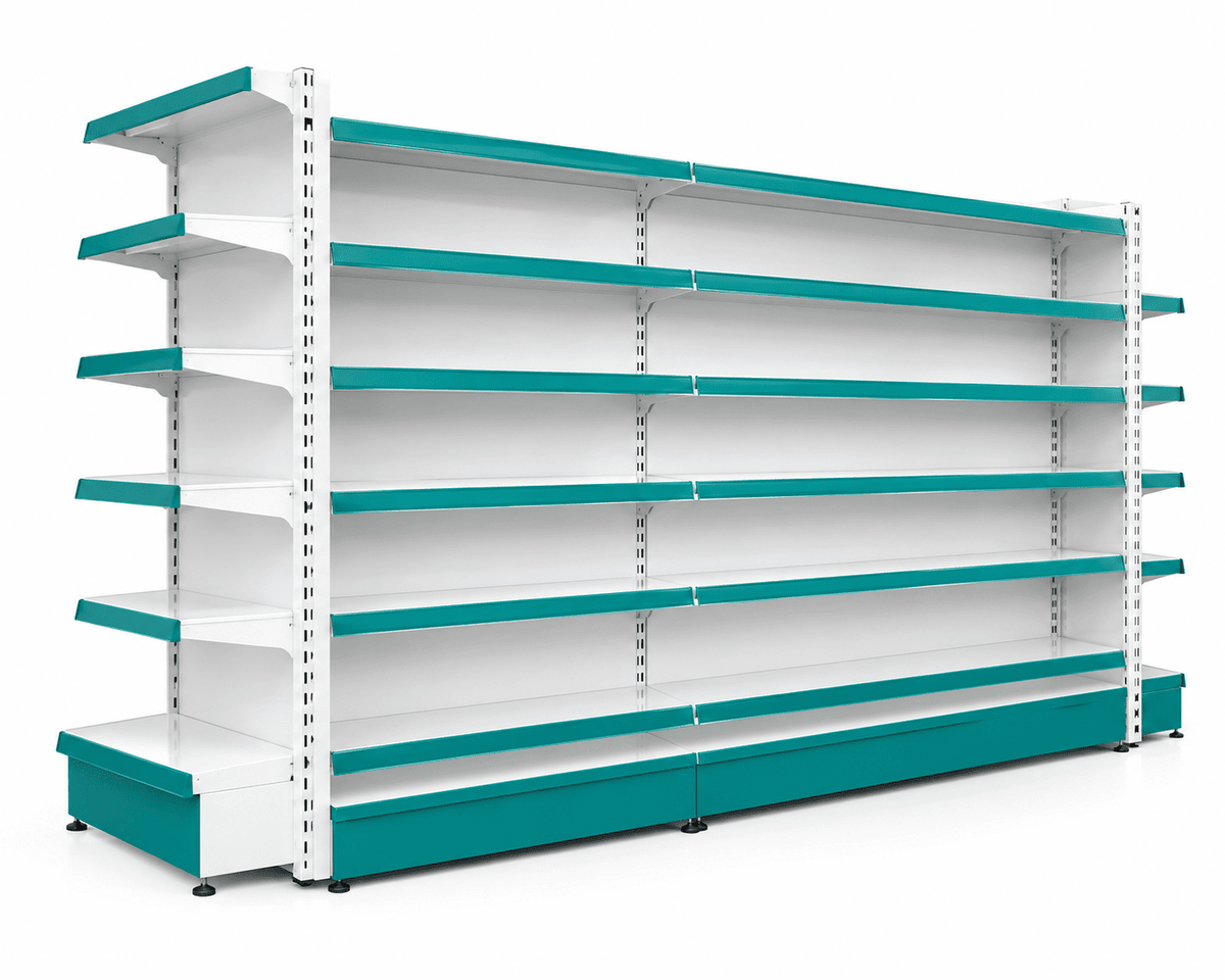 Empty white and teal pharmaceutical storage racks with six shelves and an end unit against a plain white background.