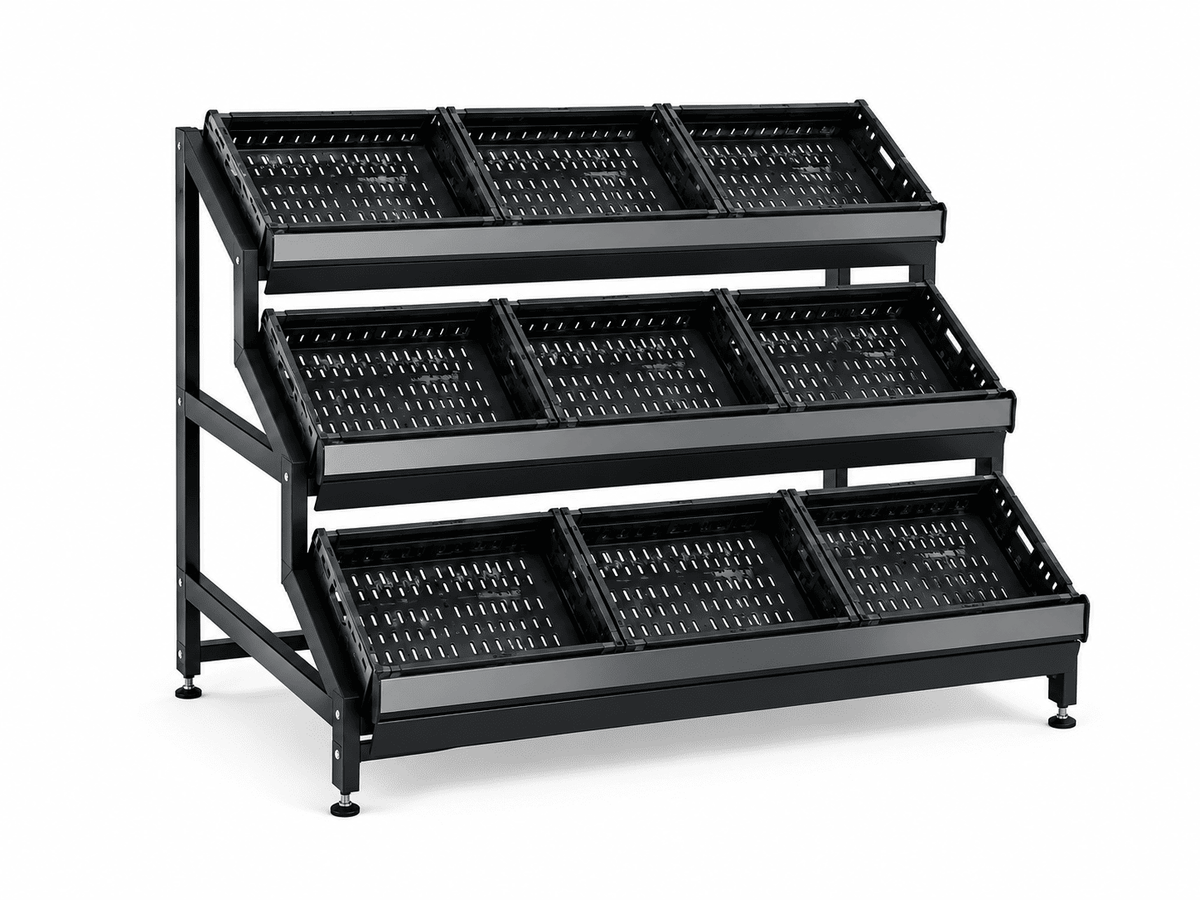 Black 3-tier vegetable display rack with perforated crates against a plain white background.