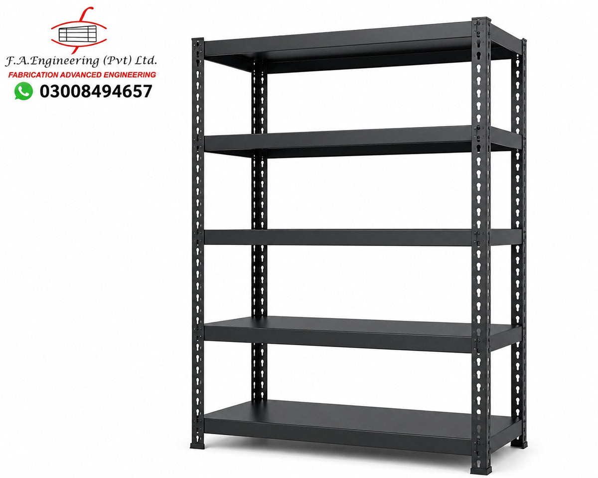 A five-tier black metal industrial shelving unit with adjustable pegboard side rails, shown on a plain white background.