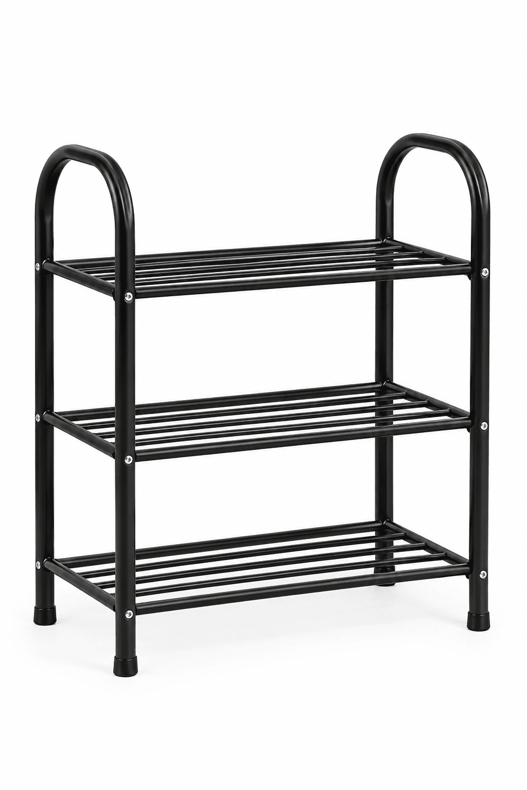 Black 3-tier metal shoe rack with curved top handles and slatted shelves.