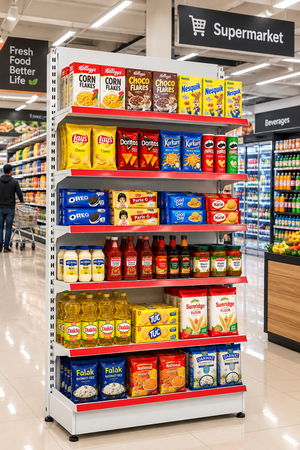 White and red retail display rack in a supermarket stocked with cereals, chips, biscuits, sauces, cooking oil, flour, and rice.