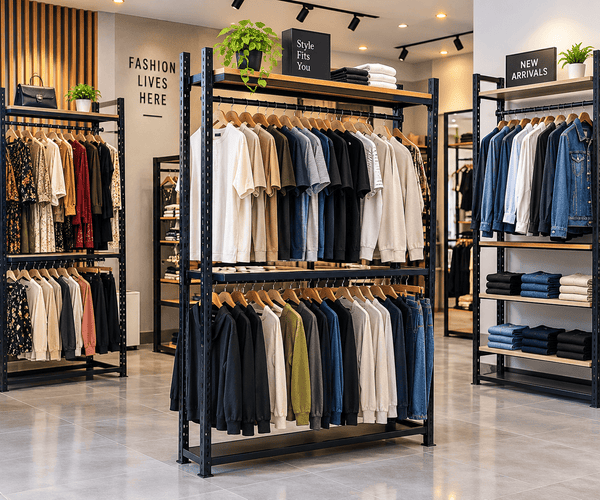 Black steel garment racks with wooden shelves displaying hanging shirts, jackets, jeans, and folded clothes in a modern clothing store.
