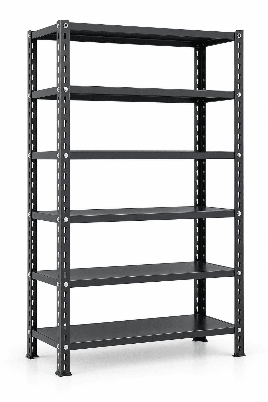 Black metal and steel kitchen rack with six shelf levels against a plain white background.