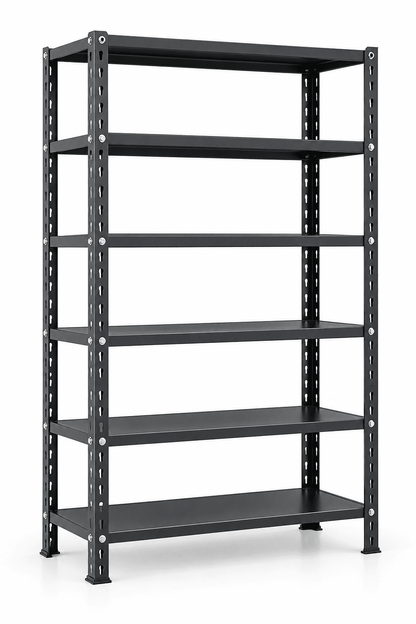 Black metal and steel kitchen rack with six shelf levels against a plain white background.