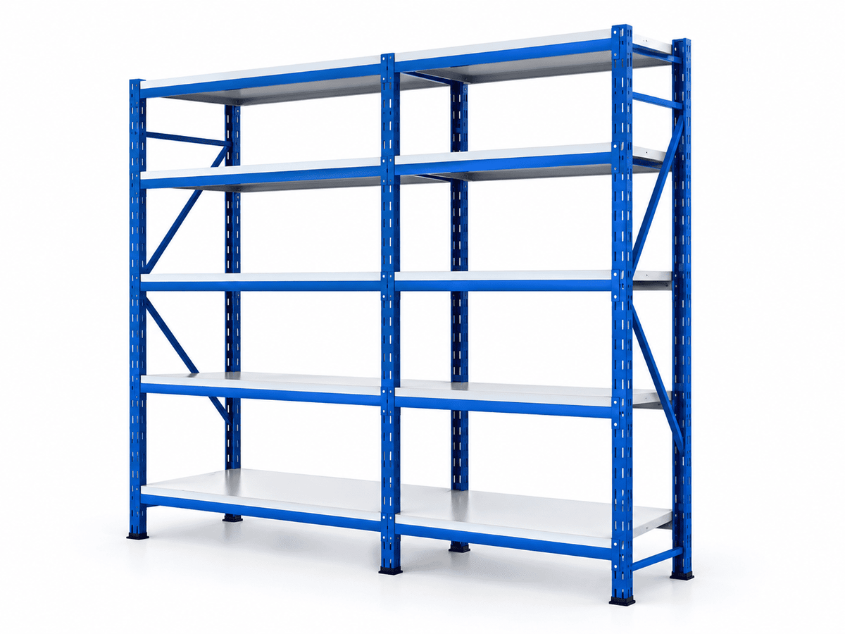 Empty blue and white medicine storage rack with five shelf levels against a plain white background.