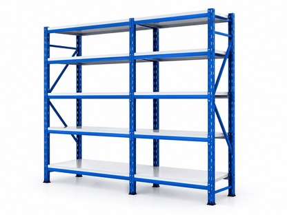 Empty blue and white medicine storage rack with five shelf levels against a plain white background.