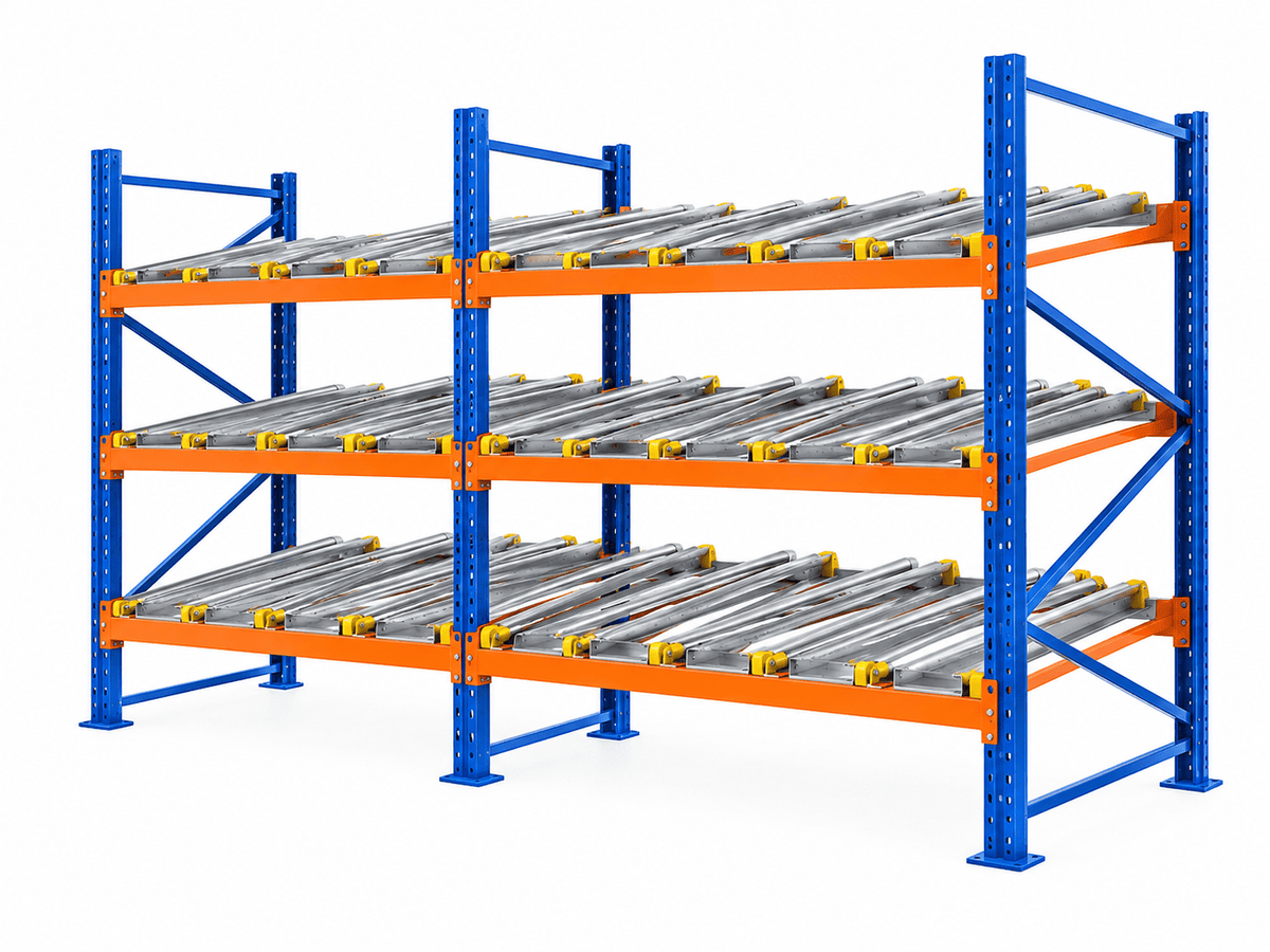 Two-bay, three-level pallet flow rack with blue upright frames, orange load beams, and sloped steel roller tracks with yellow brake units, shown against a white background.