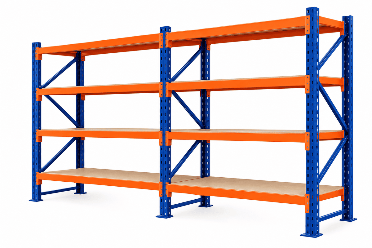 A four-tier industrial warehouse shelving unit with blue vertical posts and orange horizontal beams, featuring light beige wood-look shelf panels, shown on a solid white background.